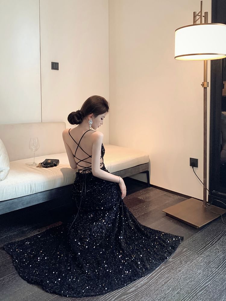BOHEME - Spaghettibandjes glitter maxi-jurk met kokerjurk