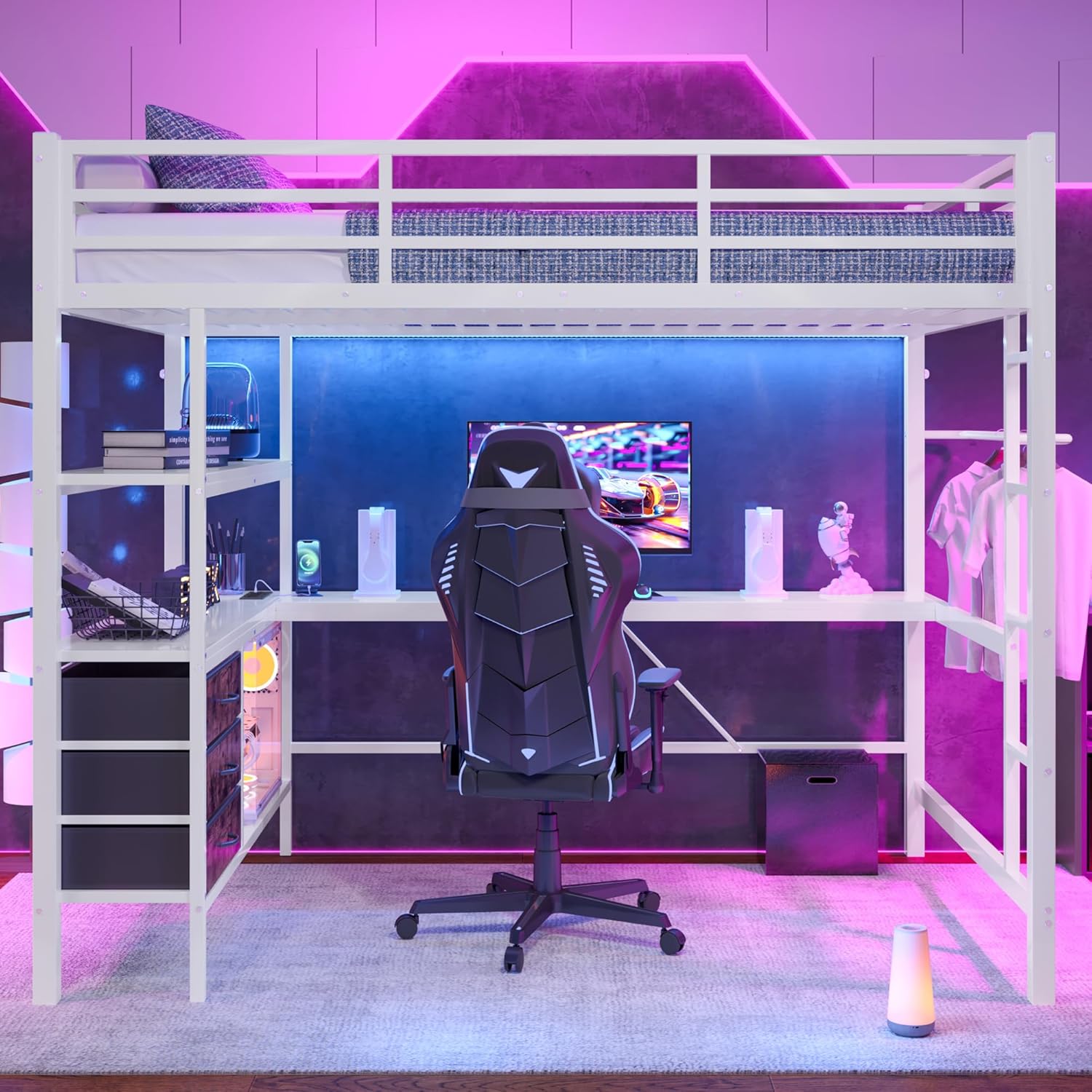 Merax Hochbett mit Schreibtisch 140x200 cm, Kinderbett mit Schubladen und Regalen, Bettgestell mit LED-Beleuchtung, Steckdosen & USB - Für Kinder/Erwachsene (Weiß)