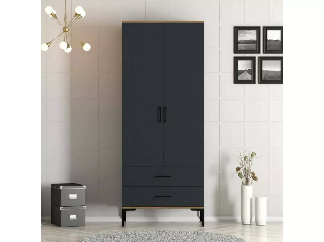 Garde-robe 2 portes Dpan, Meubles de chambre, Penderie de plain-pied, Placard à vêtements, 80x201h48 cm, Noyer et Anthracite
