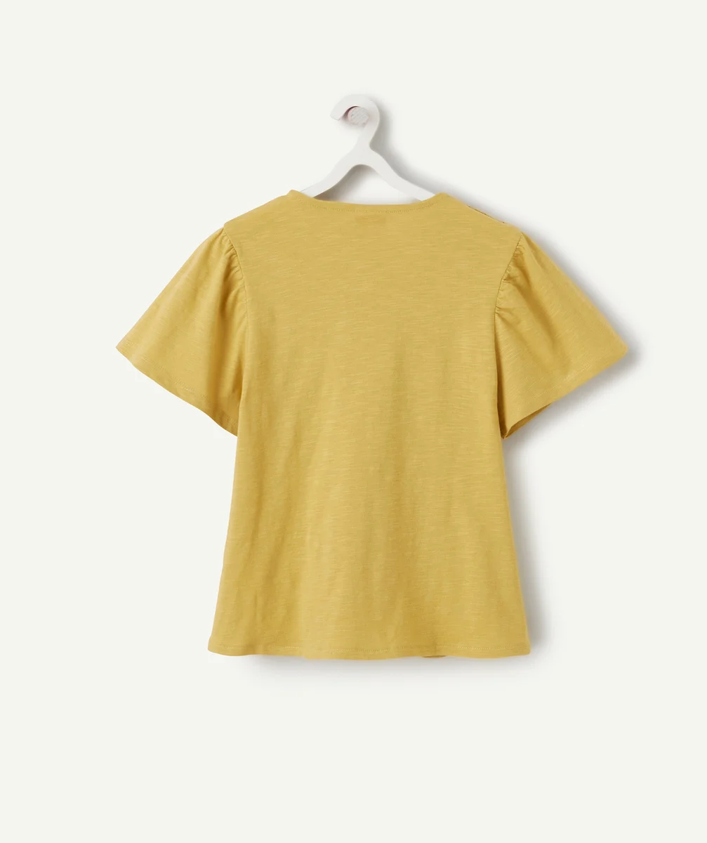 T-SHIRT FILLE EN COTON JAUNE AVEC FRONCES ET DÉTAILS AJOURÉS