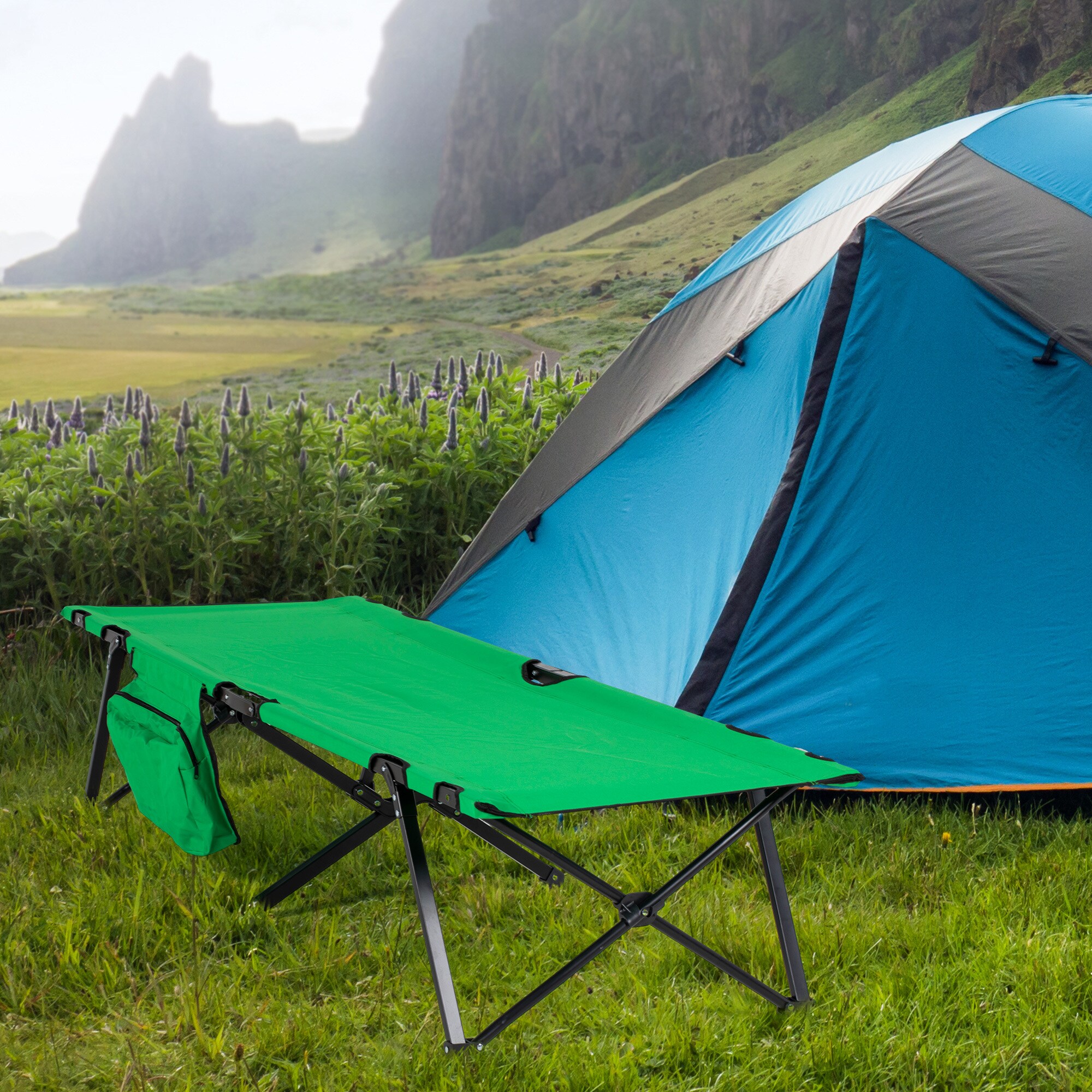 Outsunny Campingbett mit seitlicher Tasche grün, schwarz 200 x 73 x49 cm (LxBxH)