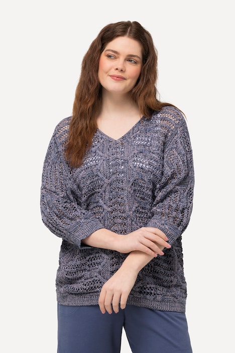 Pullover, Ajourmuster, V-Ausschnitt, 3/4-Arm, Biobaumwolle