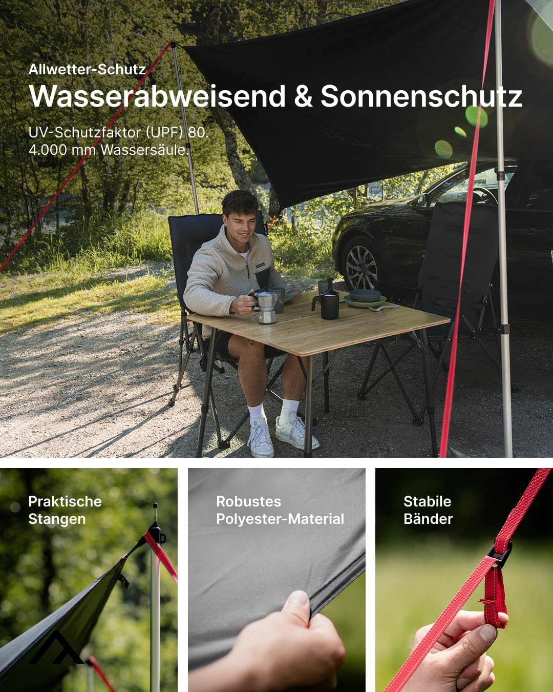 qeedo Motor Tarp Universal - für jedes Fahrzeug (3 Montage-Optionen) - UV-Schutz (UV80) Sonnensegel - inkl. Aufstellstangen, Saugnäpfe, Heringe und Abspannbänder - Für Camper, Campingbus, PKW