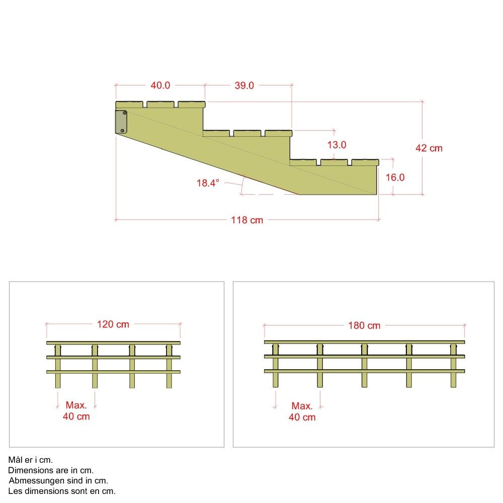 TERRASSETRAPP PLUS 3-STEG 19° TRYKKIMPREGNERT 118X42X180CM