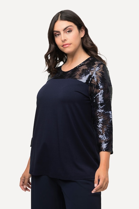 Shirtbluse, Pailletten, Stickerei, Rundhals, 3/4-Arm