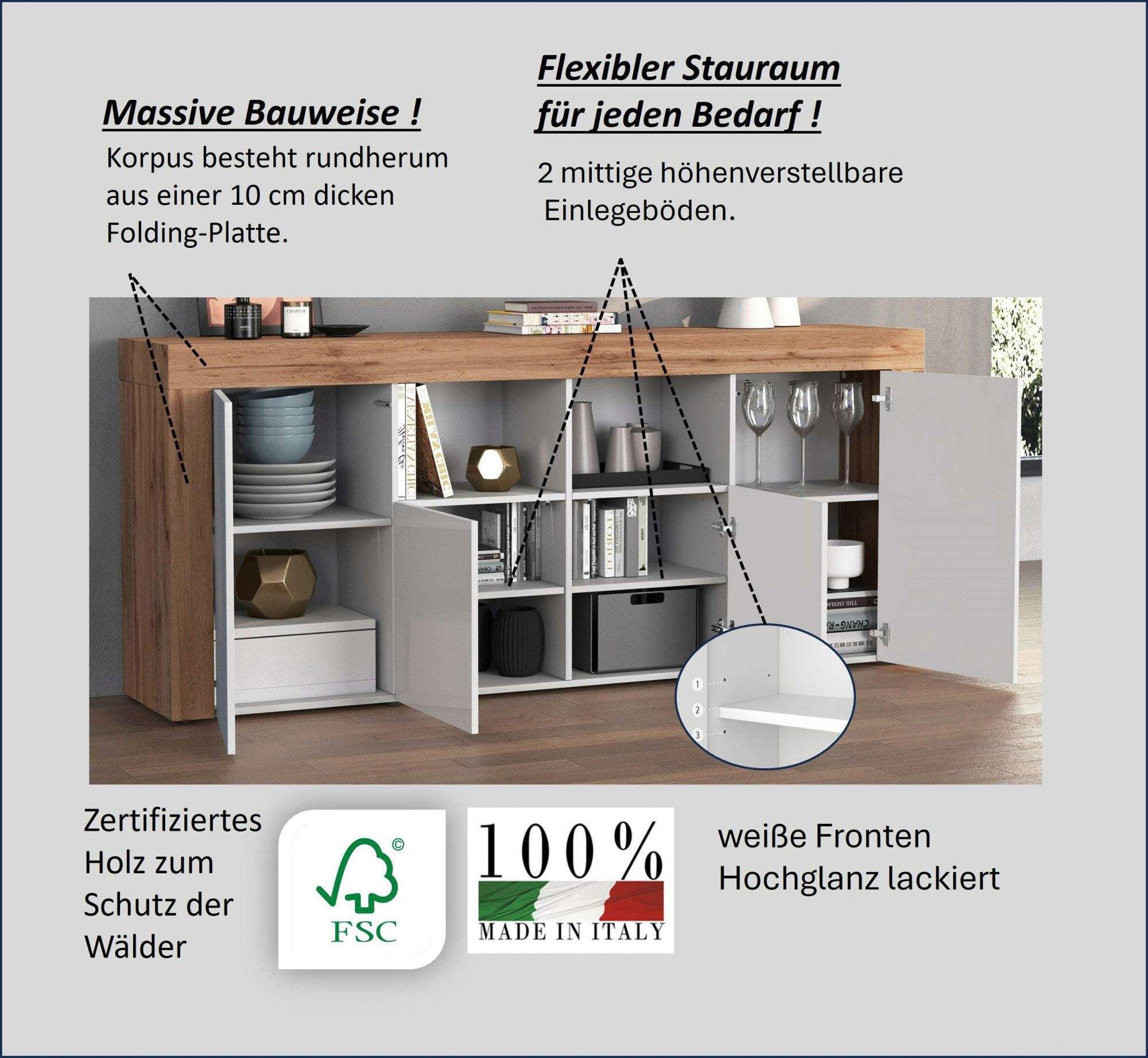 INOSIGN Sideboard »CHRONOS Breite 200 cm  mit 4 Türen, 2 offene und 8 geschlossene Fächer« 1 Stk. tlg. Sideboard,Kommode, Schrank, Grifflos mit Push to Open, Made in Italy