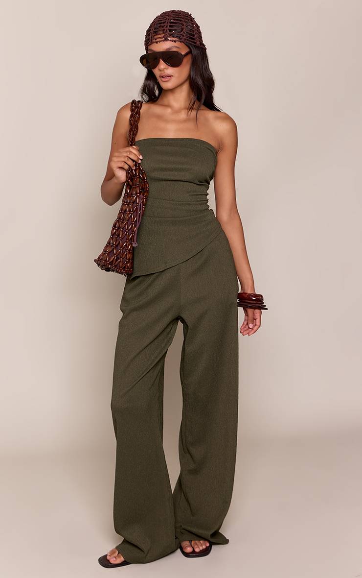 Vert Olive Pantalon Large Texturé À Taille Élastiquée Coordonné