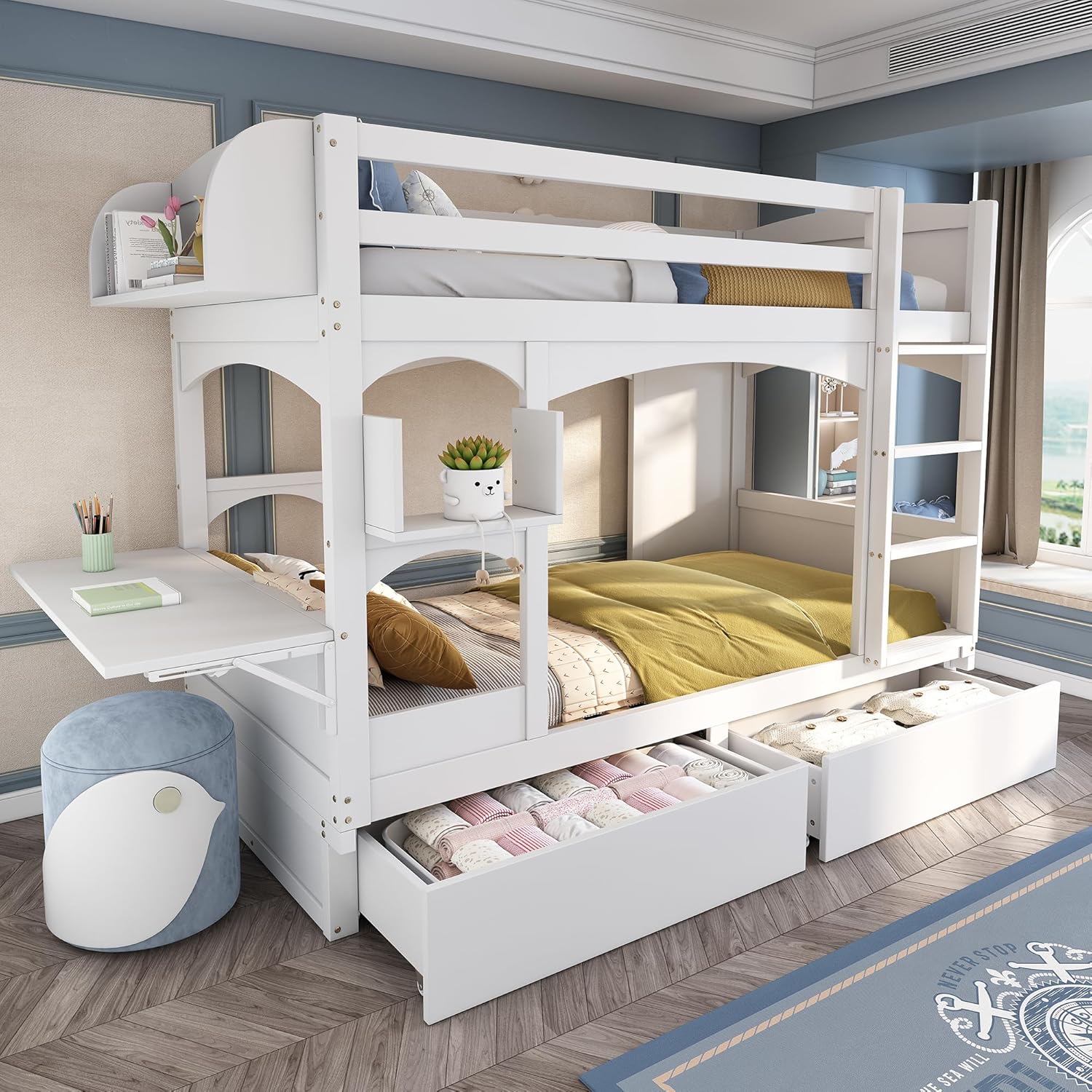 Etagenbett 90x200 mit klappbarem Schreibtisch, 2 Schubladen und Regalen, Kinderbett Hochbett für 2 Kinder, multifunktionales Kinder Bett mit Leiter, Rausfallschutz und Lattenrost, Massivholz, Weiß