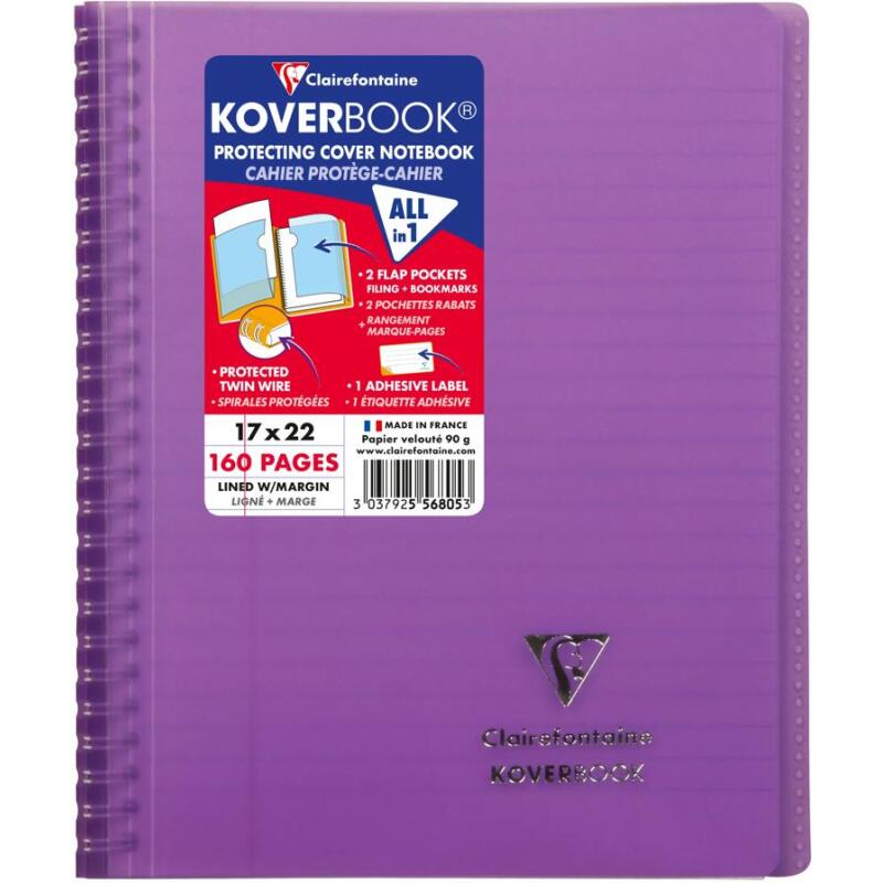 Cahier reliure intégrale enveloppante Koverbook 17x22cm 160 pages ligné + marge couverture polypropylène transparent - Violet