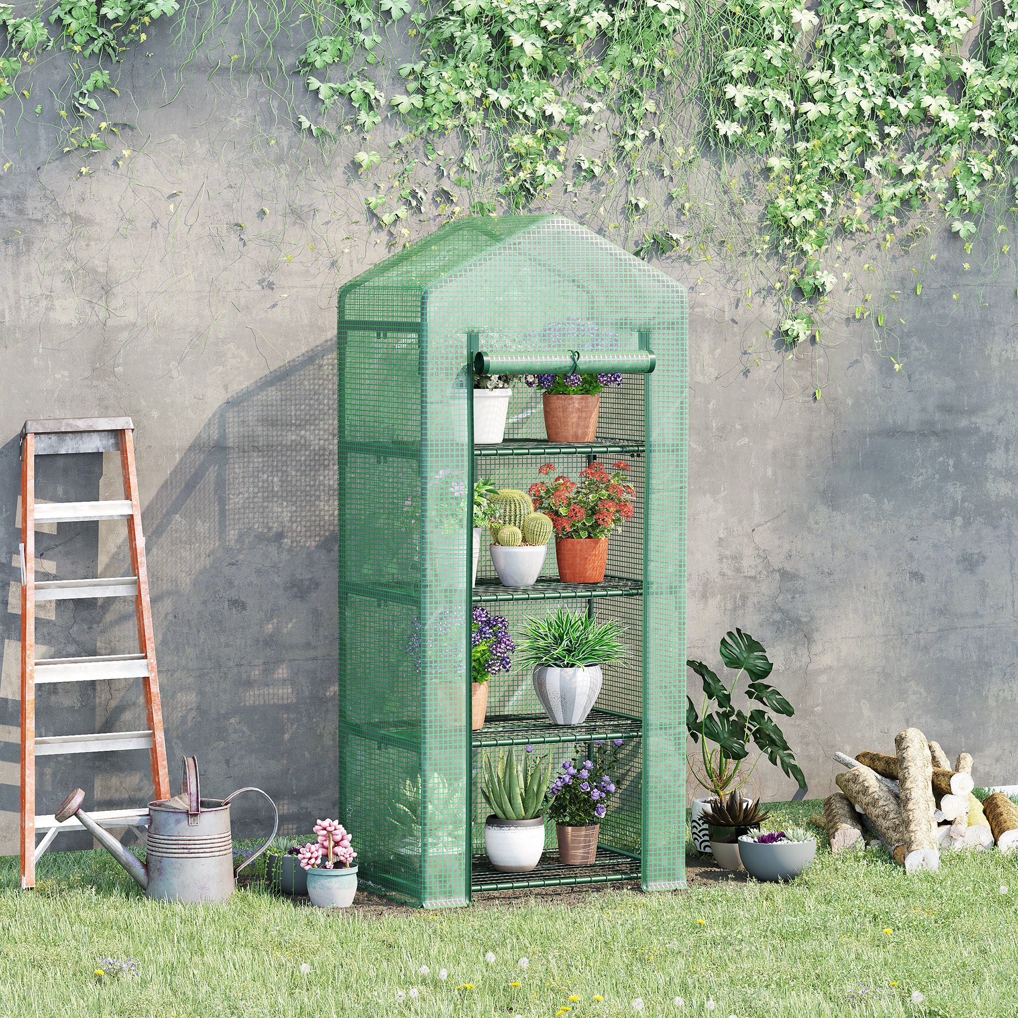 Estufa de jardim Outsunny com 4 prateleiras e cobertura de PE, tipo galpão com estrutura tubular de aço, ideal para cultivo de plantas, flores e vasos, 70x50x160 cm, verde.