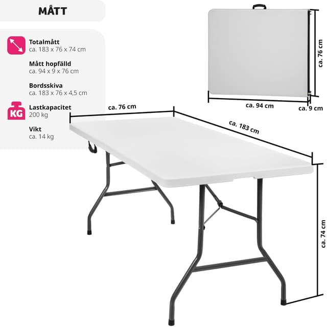 Campingbord foldbar hvid 183x76x74cm