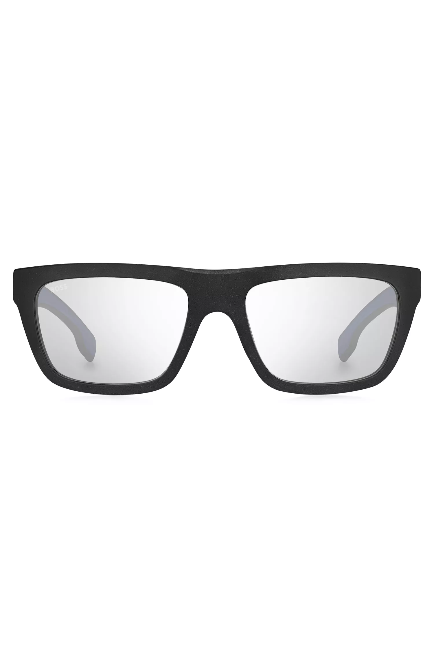 Óculos de sol BOSS em acetato preto com hastes internas emborrachadas em azul.