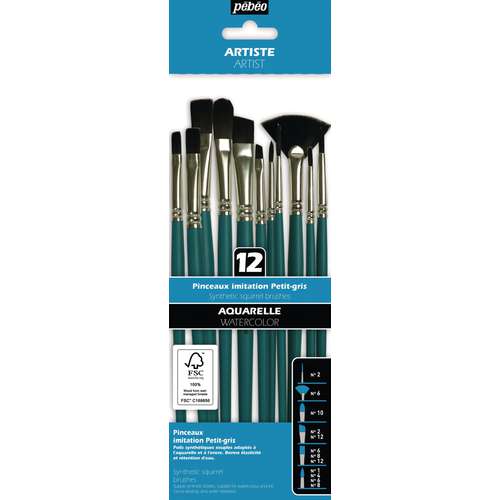 pébéo Aquarellpinsel 12er-Set, Feehaar-Synthetikfasern