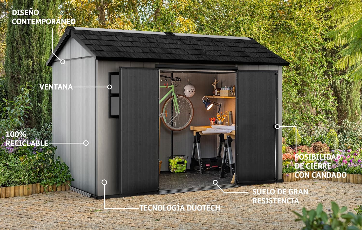 Keter Gerätehaus Oakland 1175, Grau, 15,3m³, Außenmaße B/T/H: 350 x 230 x 253 cm, Duotech Struktur, wetterfest, Doppeltür, Oberlicht und 2 Fenster, strapazierfähiger Schwerlastboden