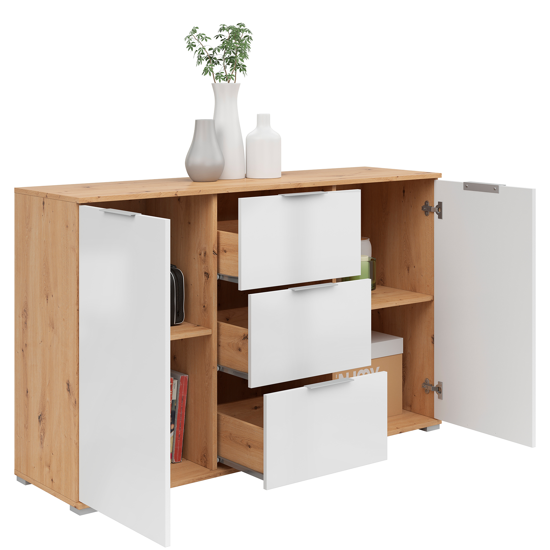 Sideboard - weiß Glanz - Artisan Eiche - 135 cm breit