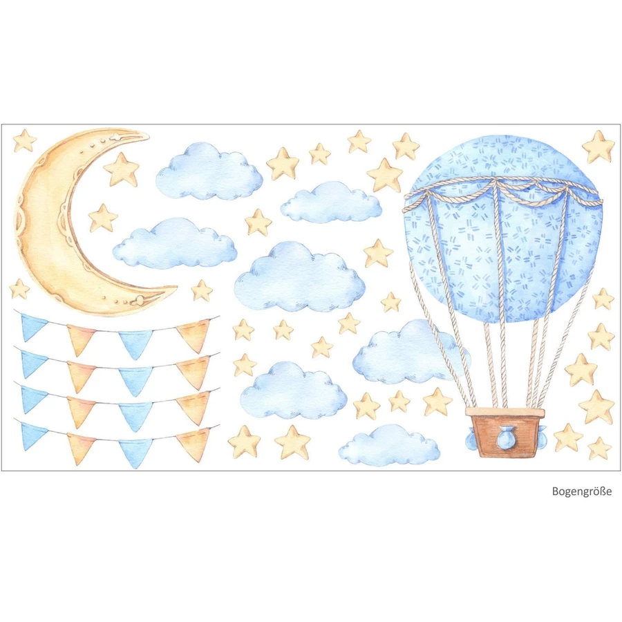 Nikima Wandtattoo 119 Wandtattoo Ballon Wolken Sterne Wimpelkette hellblau Aquarell blau