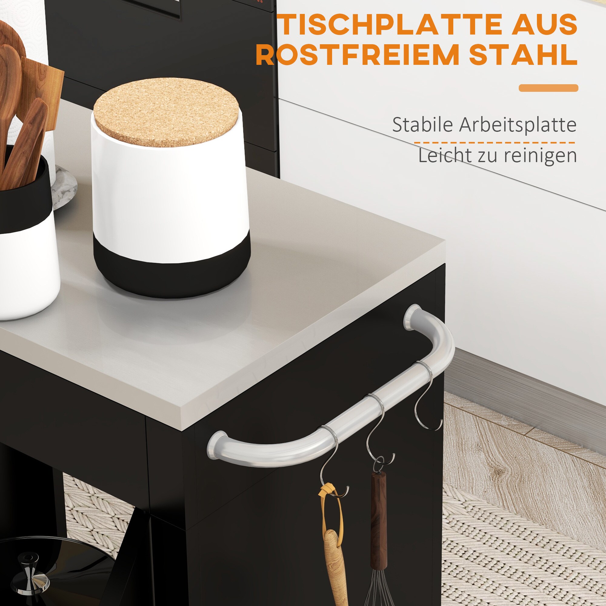 HOMCOM Küchenschrank auf Rollen schwarz 86 x 50 x 84,5 cm (BxTxH)