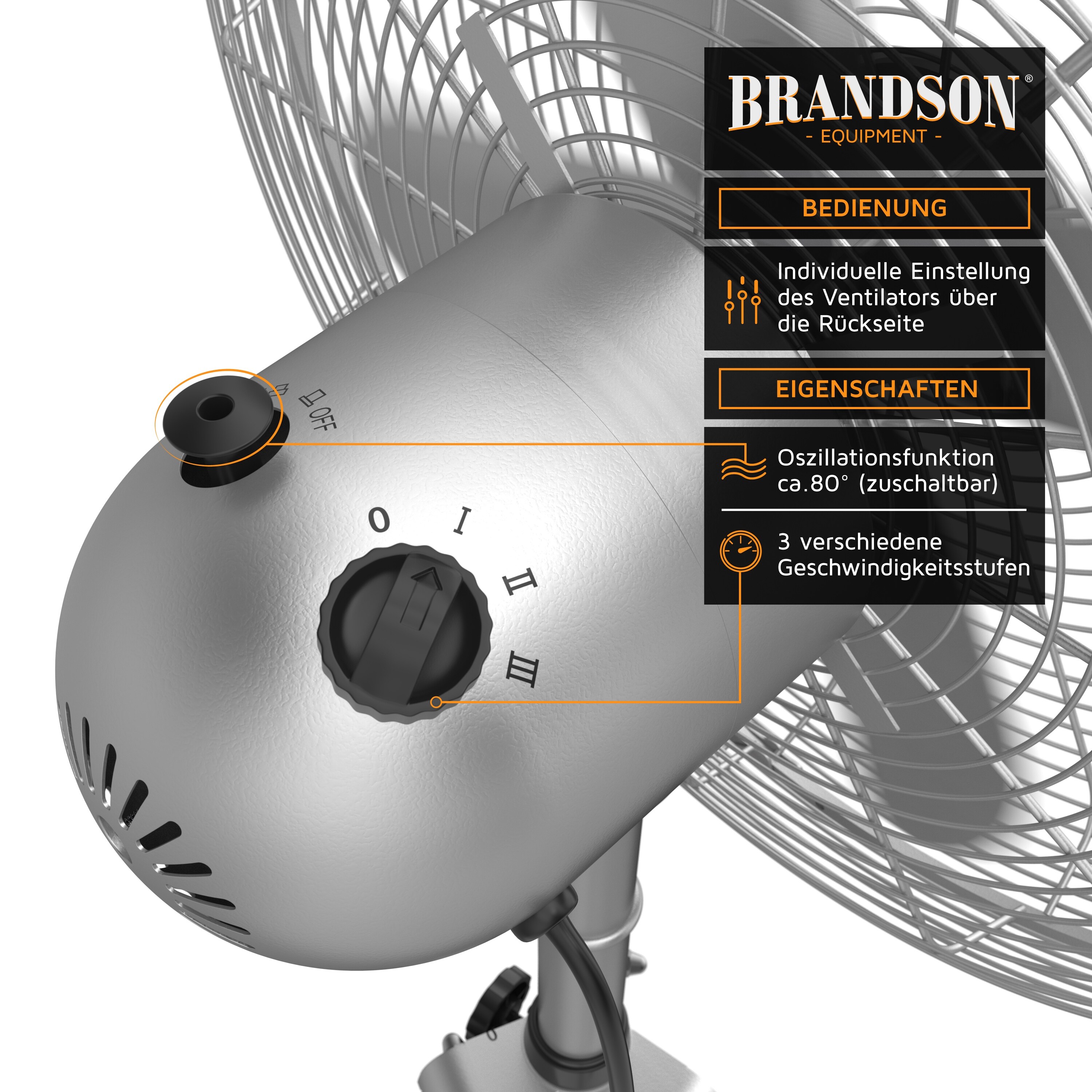 Brandson Standventilator 45 cm mit 3 Geschwindigkeiten, Ventilator mit Dreibein-Stativ, 60 Watt, oszillierend, Silber/Edelstahl