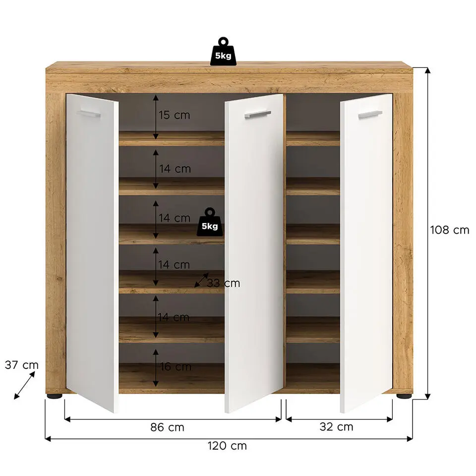 Hioshop Jam schoenenkast 3 deuren wit- eik decor