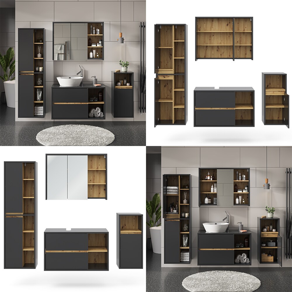Vicco Badmöbel-Set Badezimmer-Möbel Bad-Schrank Viola Anthrazit Eiche modern Badezimmerschrank Waschtischunterschrank Spiegelschrank Midischrank Hochschrank Schranktür Schrankfach Ablage Aufbewahrung