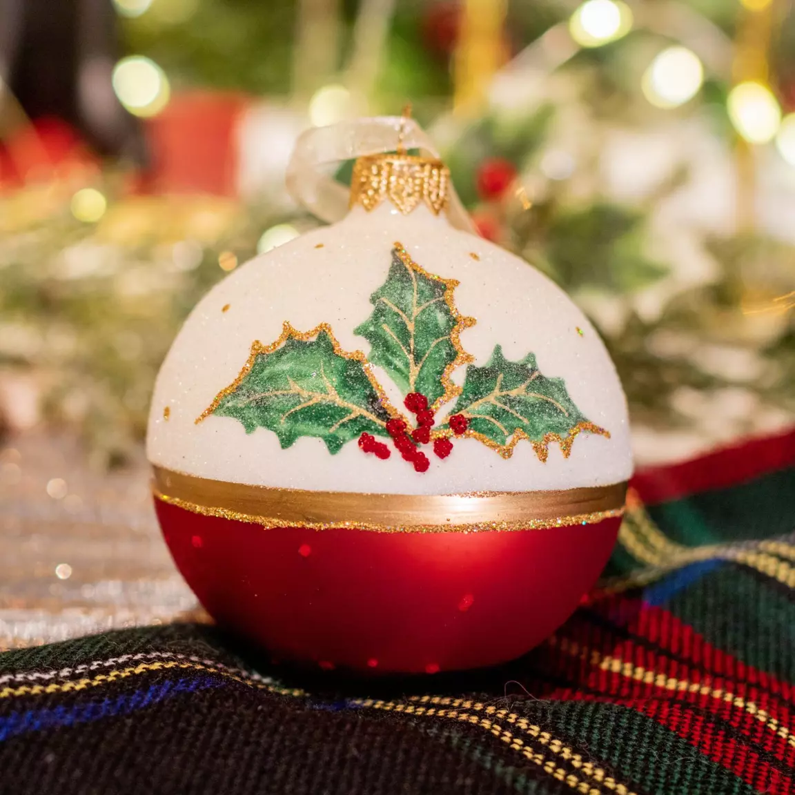 Lot de 6 boules de Noël en verre (D80 mm) Houx Rouge