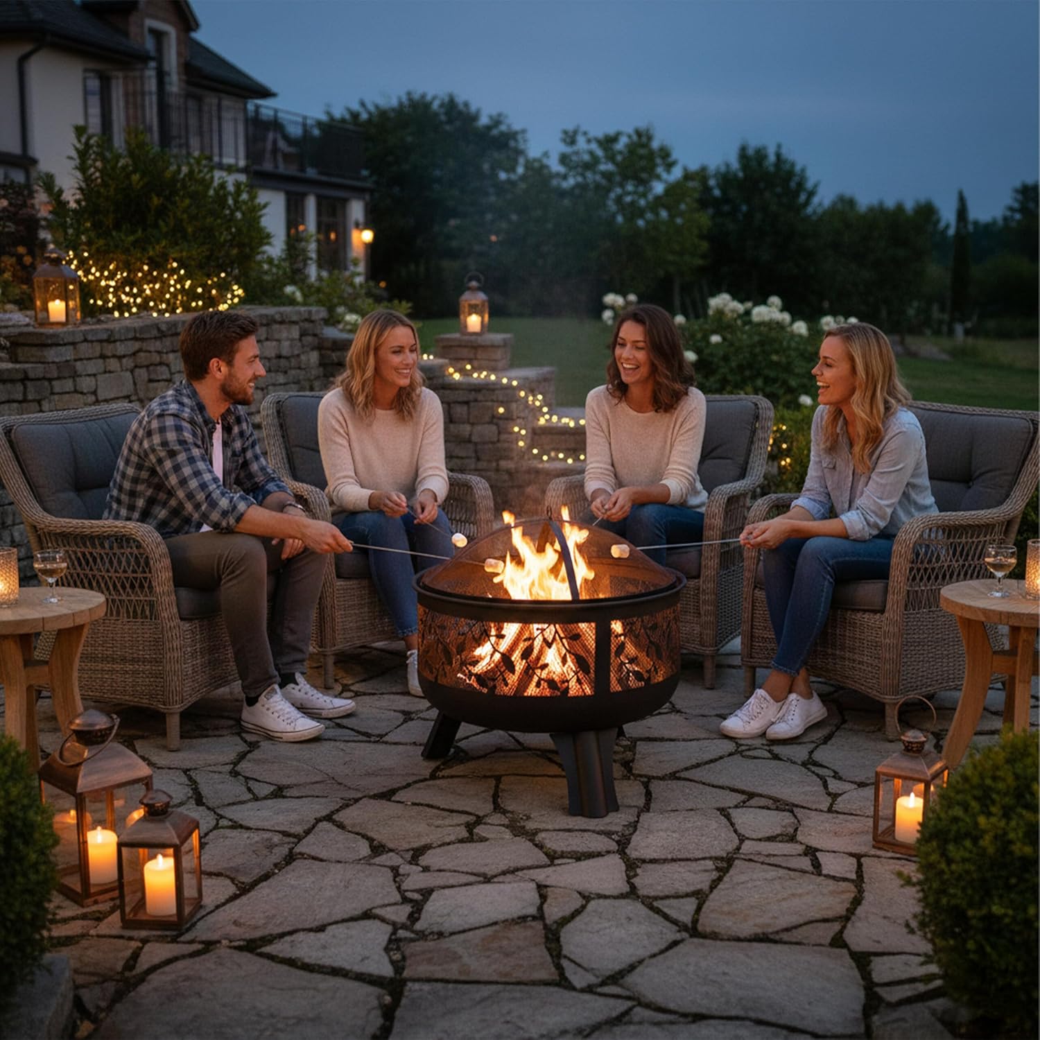 Relaxdays Feuerschale mit Funkenschutz, Garten & Terrasse, mit Schürhaken, Outdoor Feuerkorb, HxD: 60 x 60 cm, schwarz