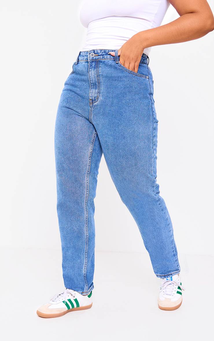 Mid Blue Wash Jean Mom Délavé Taille Mi-haute Grande Taille