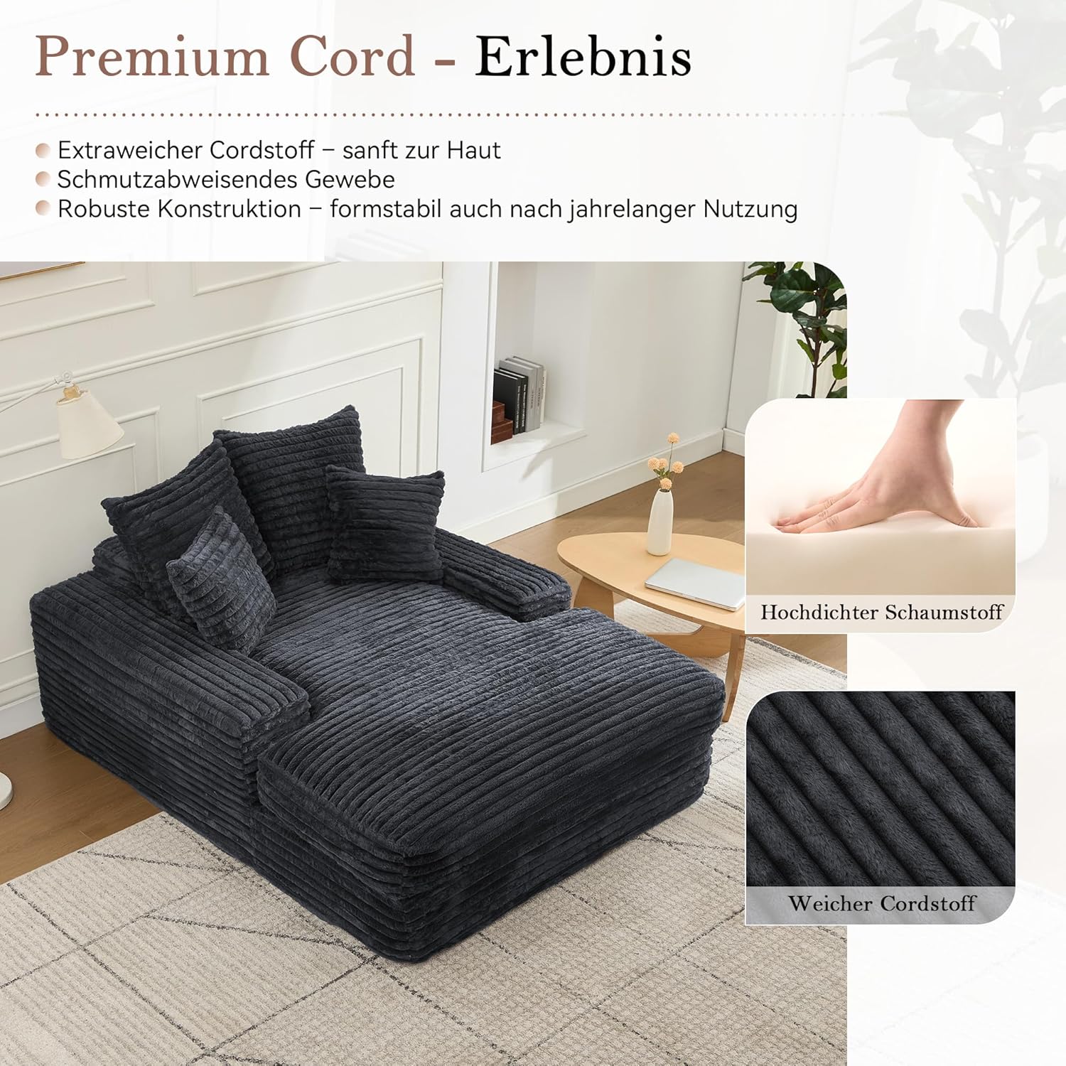 Cord Samt Lounge Sofa, 137x175 cm, Daybed & Lounger für Wohnzimmer, 2-Sitzer Couch, Extra Bequemes Sofa zum Liegen, Zum Ausstrecken und Entspannen, Grau