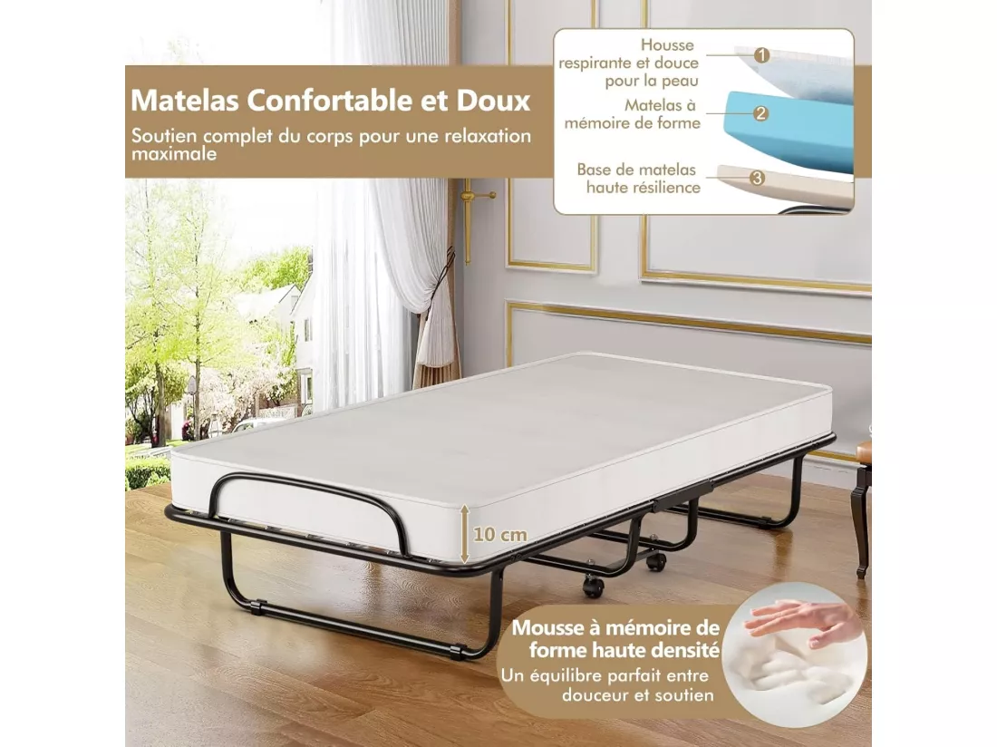 Lit Pliant 1 Personne Adulte 80 x 190 cm avec Matelas Orthopédique en Mémoire 10 cm, Charge 120 kg, Lit d’Appoint Pliable à 4 roulettes et Sommier en Métal pour invités, Blanc