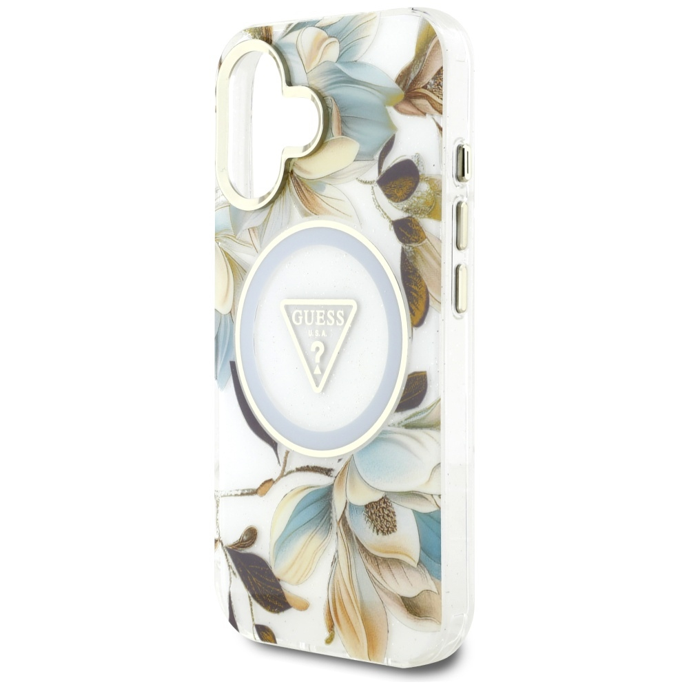 iPhone 16 MagSafe Hardcase Hülle Glitter Flowers Triangle Buttons (GUHMP16SHFLPEDH) - Braun / Weiss