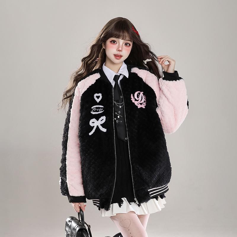 Hazie - Fleece baseballjack met geborduurde letters en rits