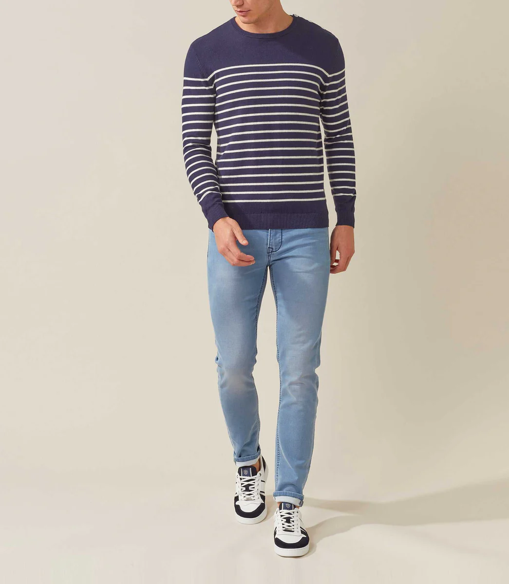 Pull col rond marine-ecru 