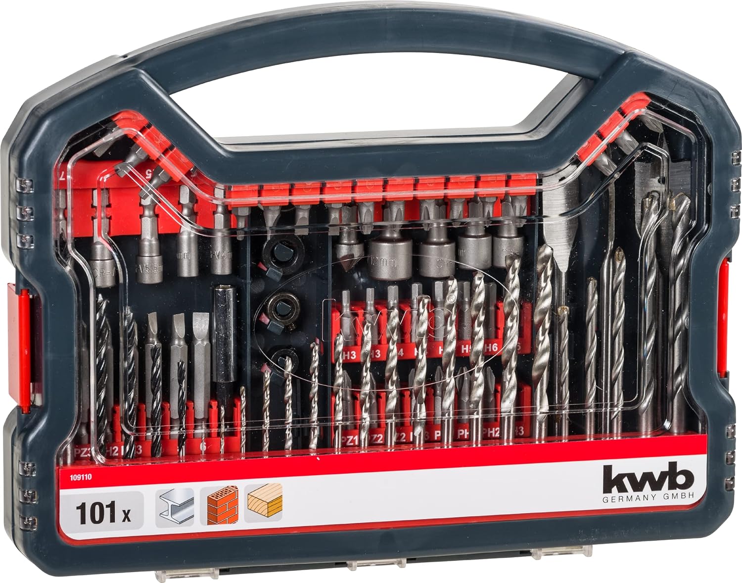 kwb Power-Box 101-tlg. Bohrer- und Bit-Set, bestehend aus Bits, Stecknüssen, Stein-Bohrer, Holz-Bohrer, Metall-Bohrer & Fräs-Bohrer in robuster Box mit Tragegriff