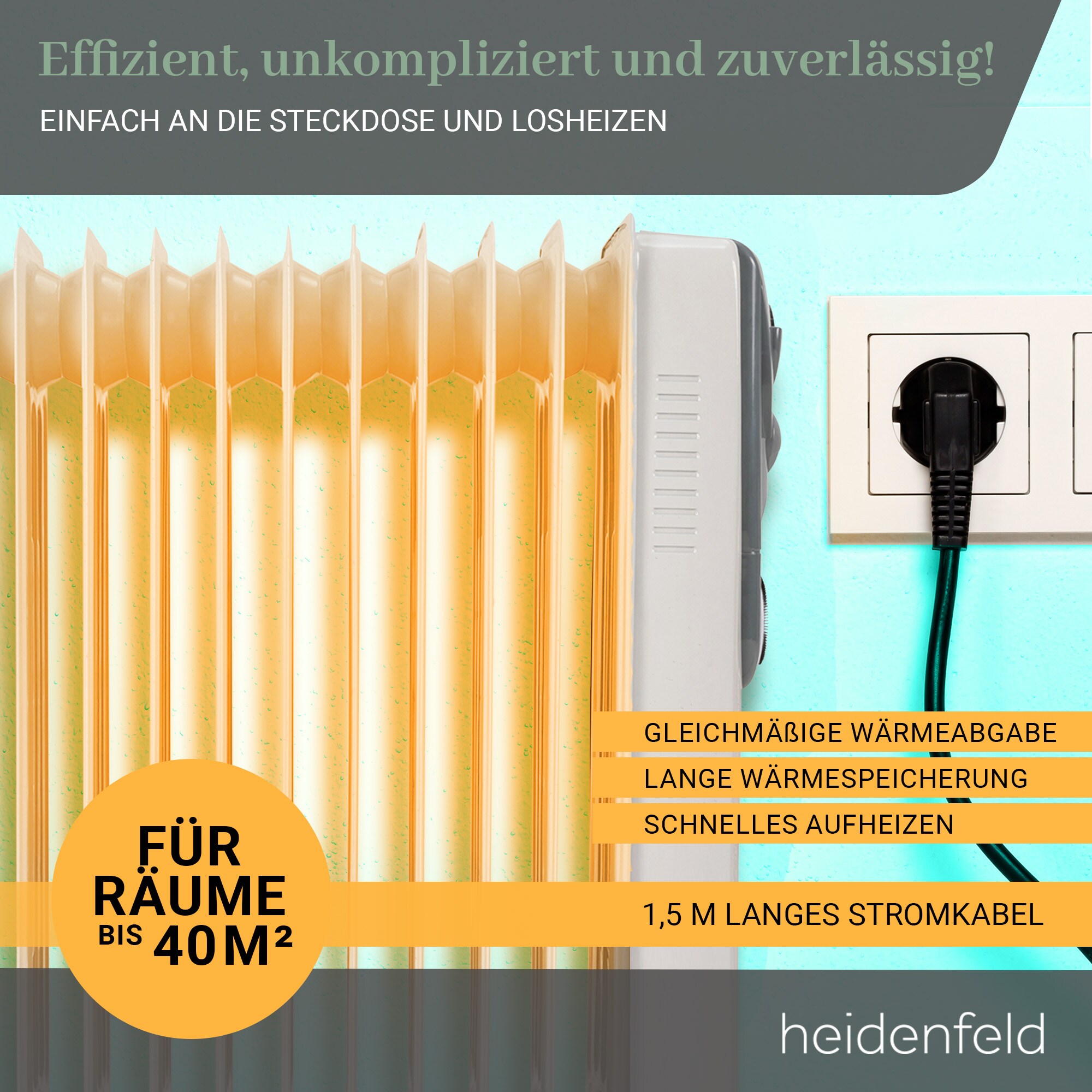 Heidenfeld Ölradiator ÖR200, Thermostat, Timerfunktion, 1000-2500 Watt, 6 Stufen, 3 Jahre Garantie