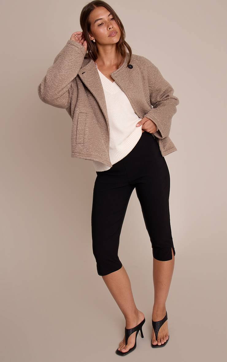 Taupe Manteau Bouclé À Col Écharpe