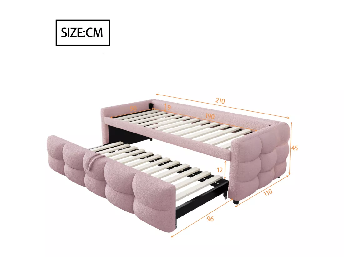 Lit gigogne 90/180x190 cm en velours - avec sommier à lattes - Rose