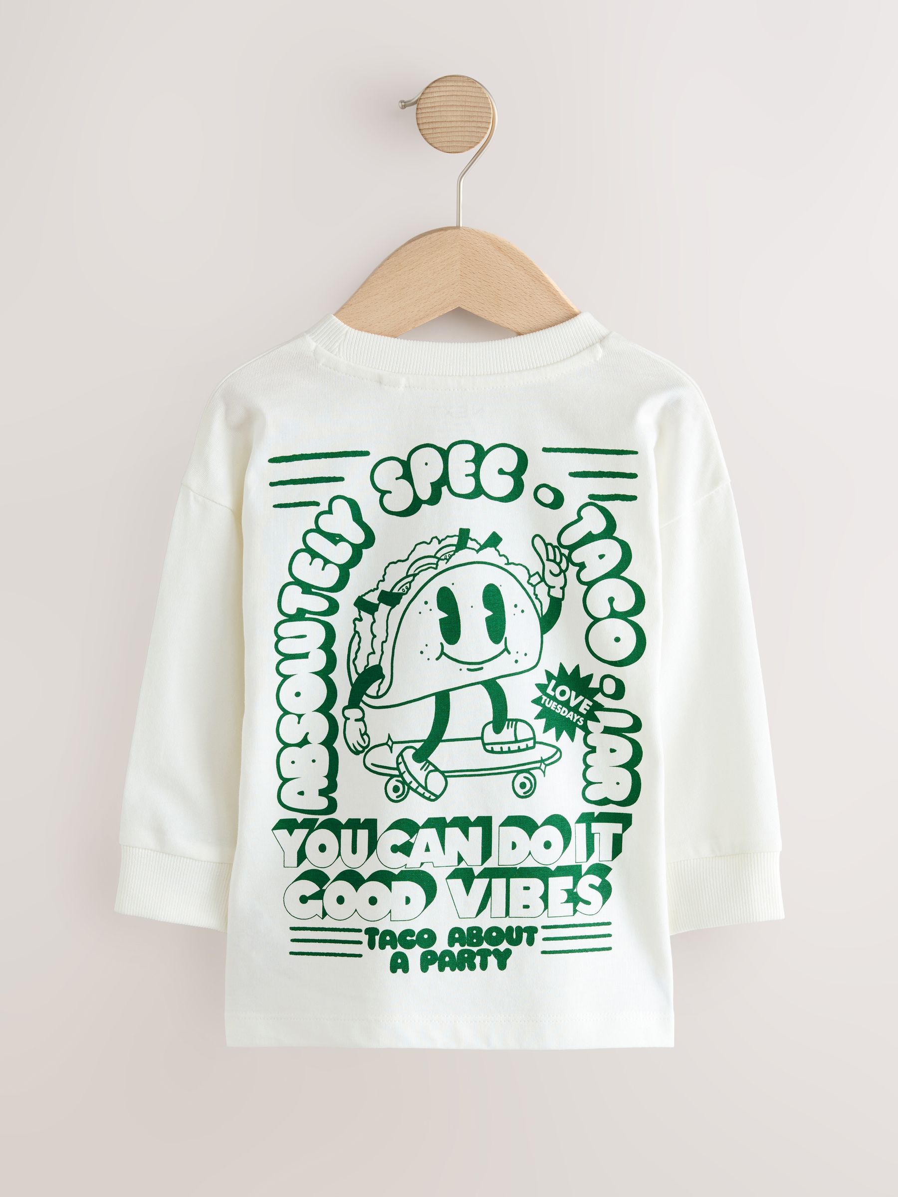 Witte/Groene Taco - T-shirt met lange mouwen en print op de rug (3mnd -8jr)