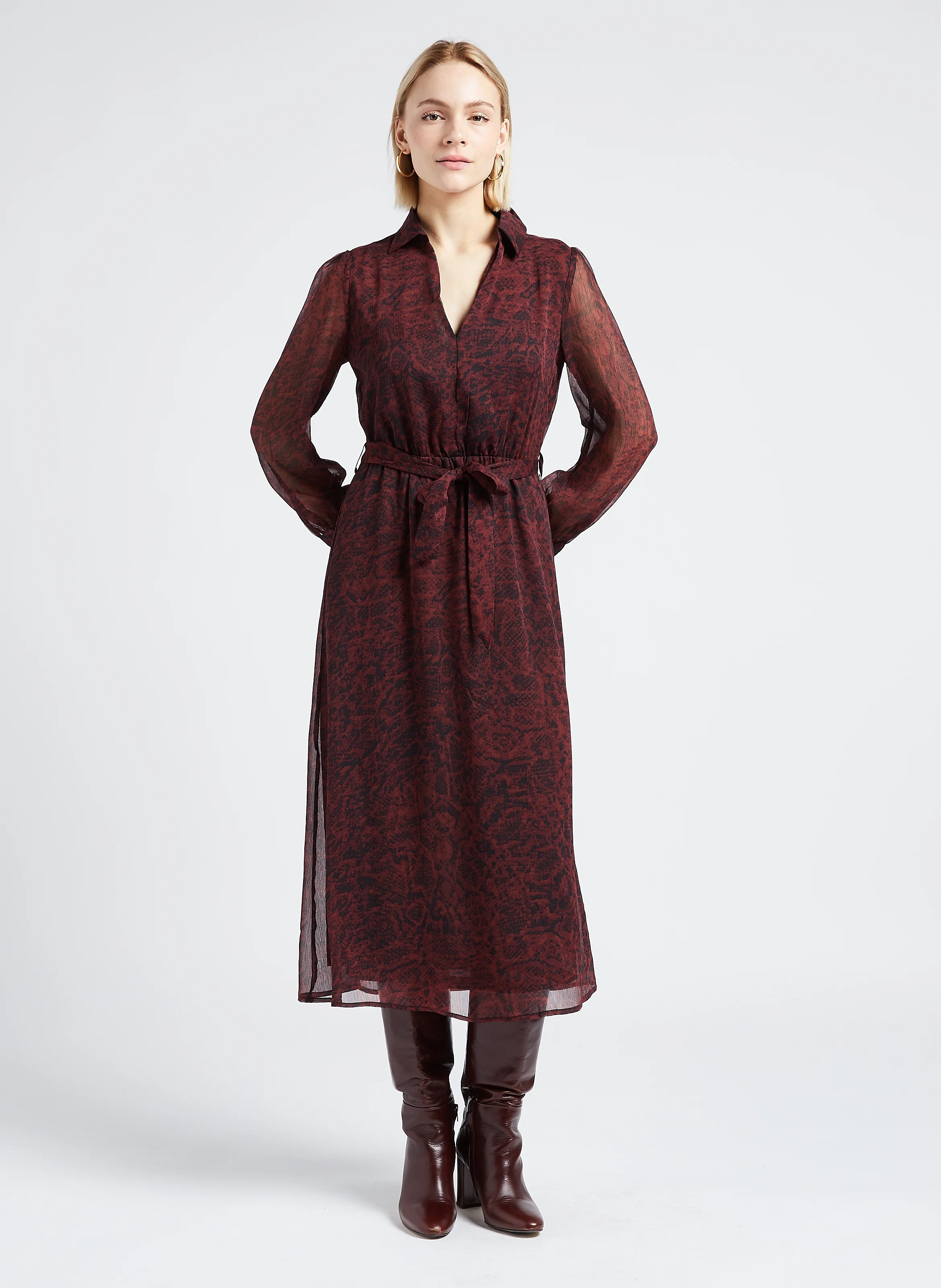 LORETTE - Robe mi-longue col italien imprimée | Violet
