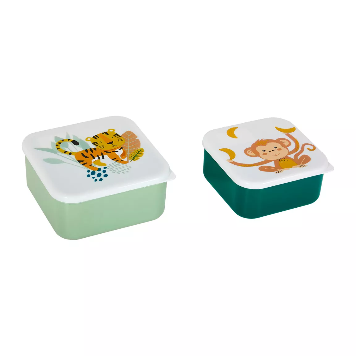Lot de 2 boîtes à gouter enfant Tigre et Singe Vert tilleul