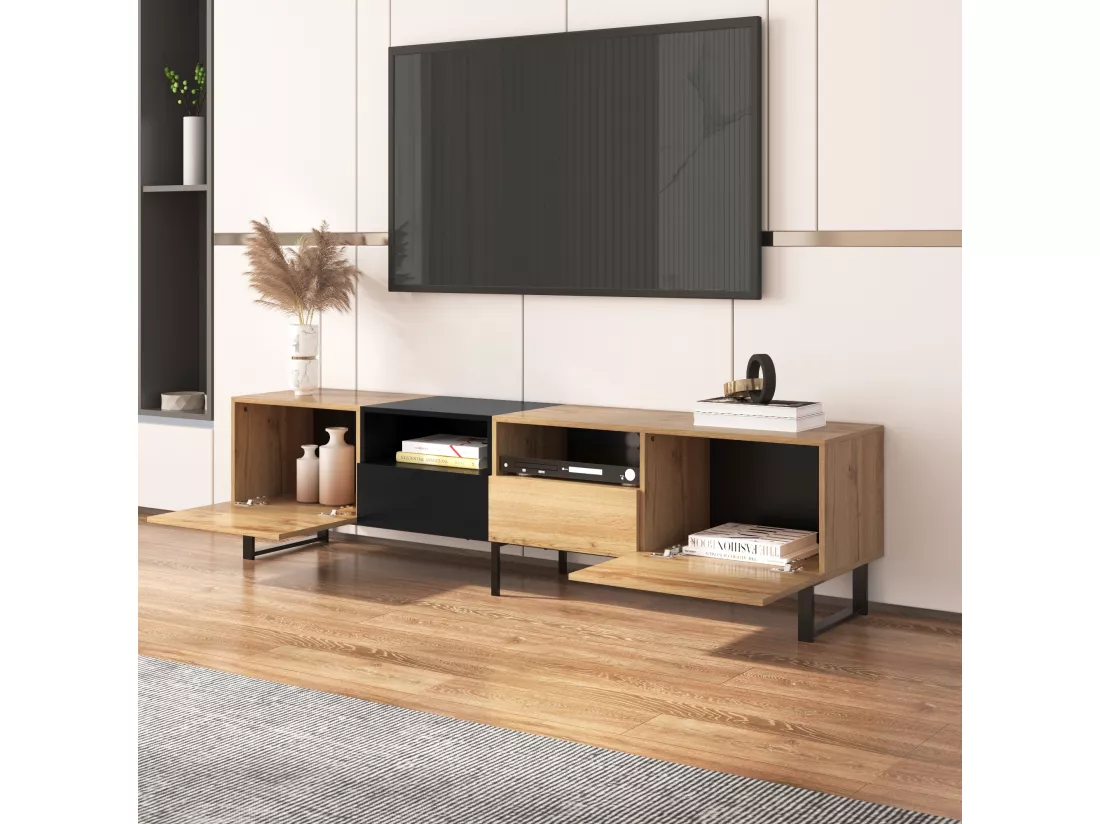 Meuble TV moderne au design noir et bois avec espace de rangement spacieux Modai