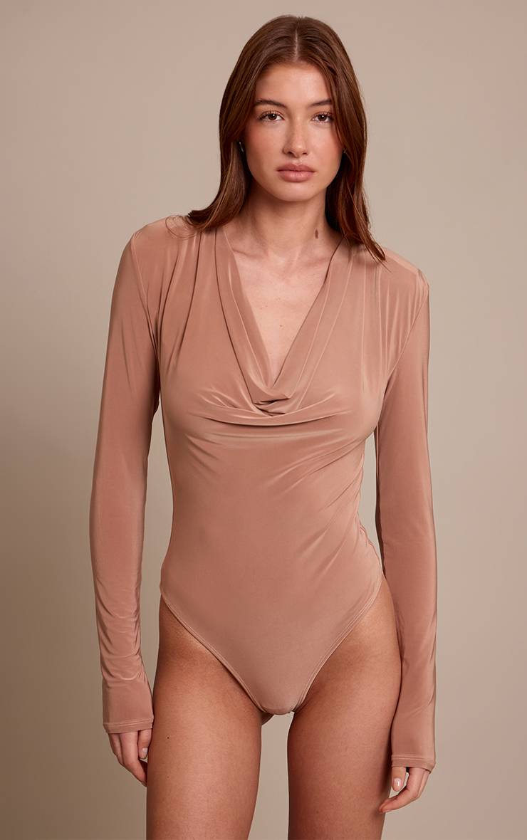 Marron Body À Manches Longues Col Bénitier Double Couche En Tissu Slinky