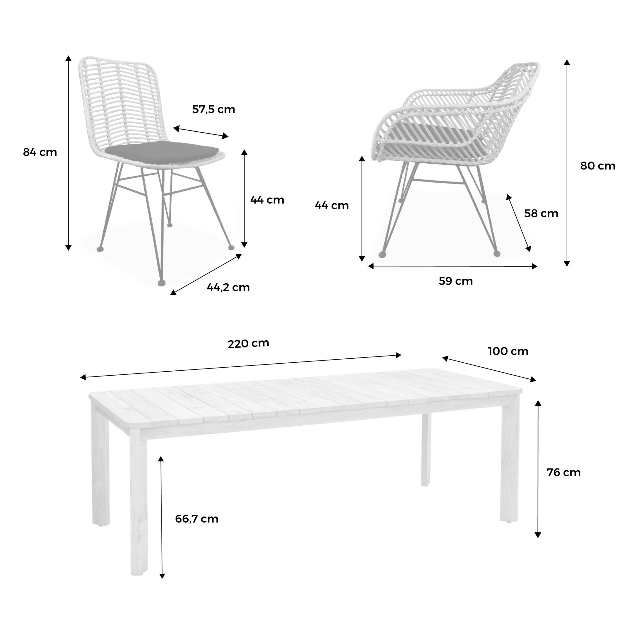 Table à manger en ancien teck recyclé . 220cm + 6 chaises et 2 fauteuils en rotin naturel et métal. Coussins naturels