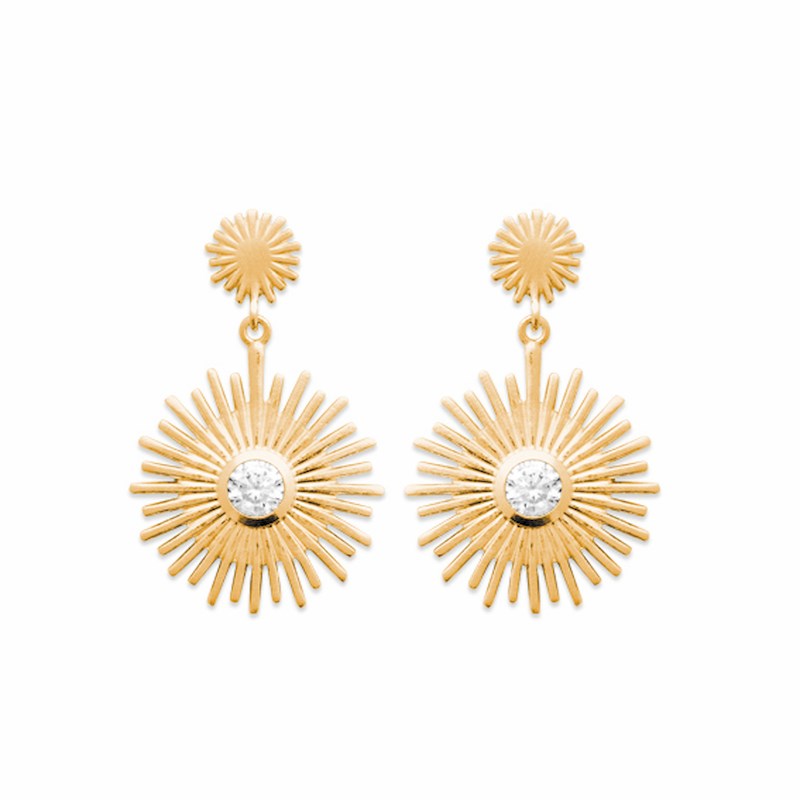 Boucles d'Oreilles Pendantes Plaqué Or Rayons Soleil Pierre Precieuse Strass Zirconium