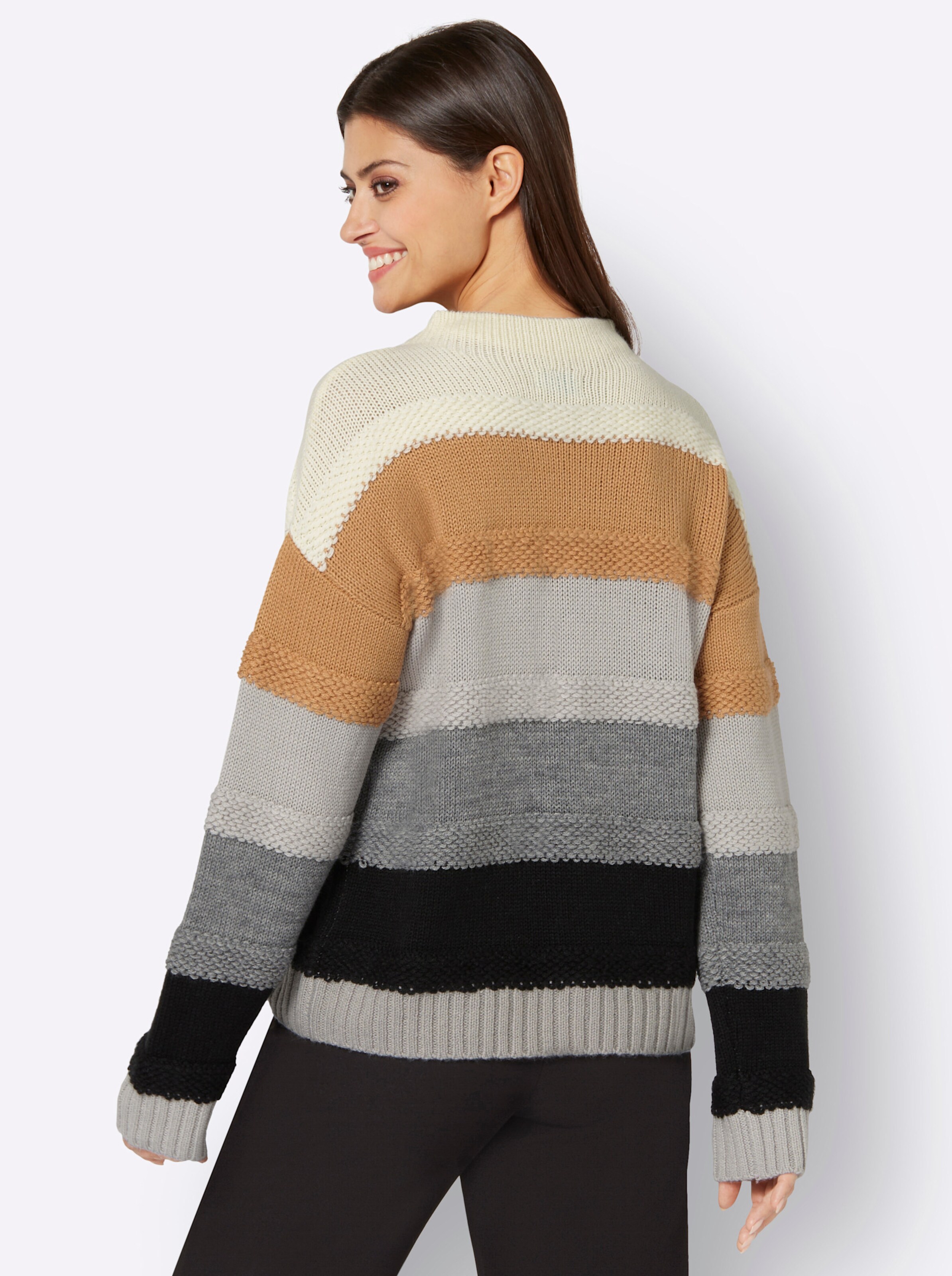 Merino-Mix-Pullover in grau-camel-geringelt