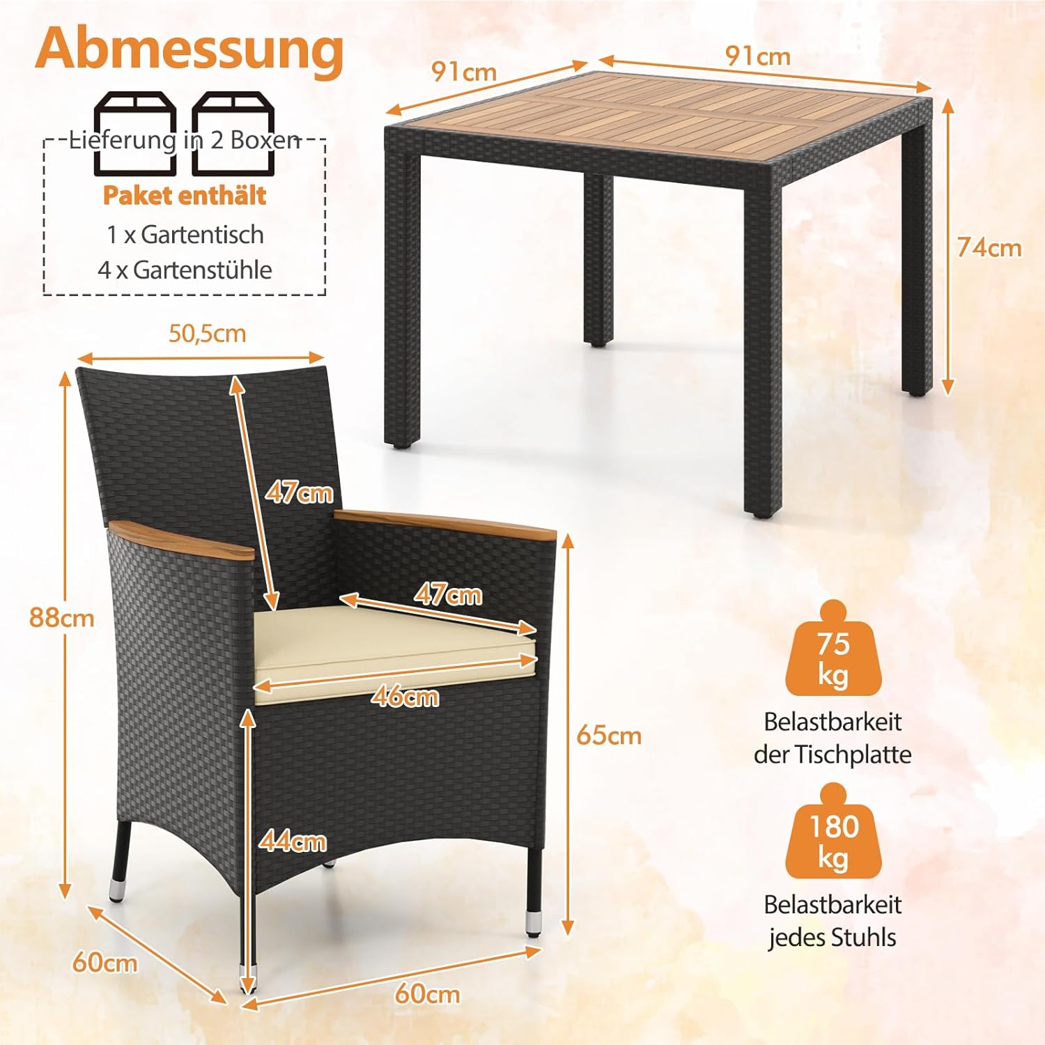 COSTWAY 5 TLG. Rattan Gartenmöbel Set, Sitzgruppe für 4 Personen, Gartentisch mit Tischplatte aus Akazienholz, 4 Stühle & Kissen, Terrassenmöbel, Balkonmöbel, Gartengarnitur, Sitzgarnitur, Essgruppe