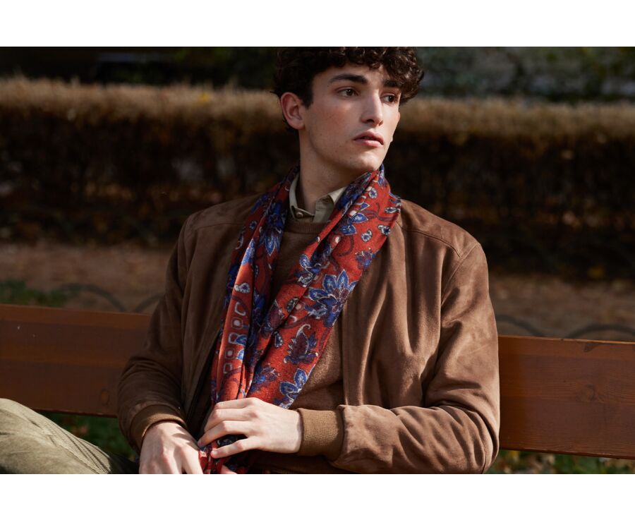 Écharpe Laine Orange motif Bleu