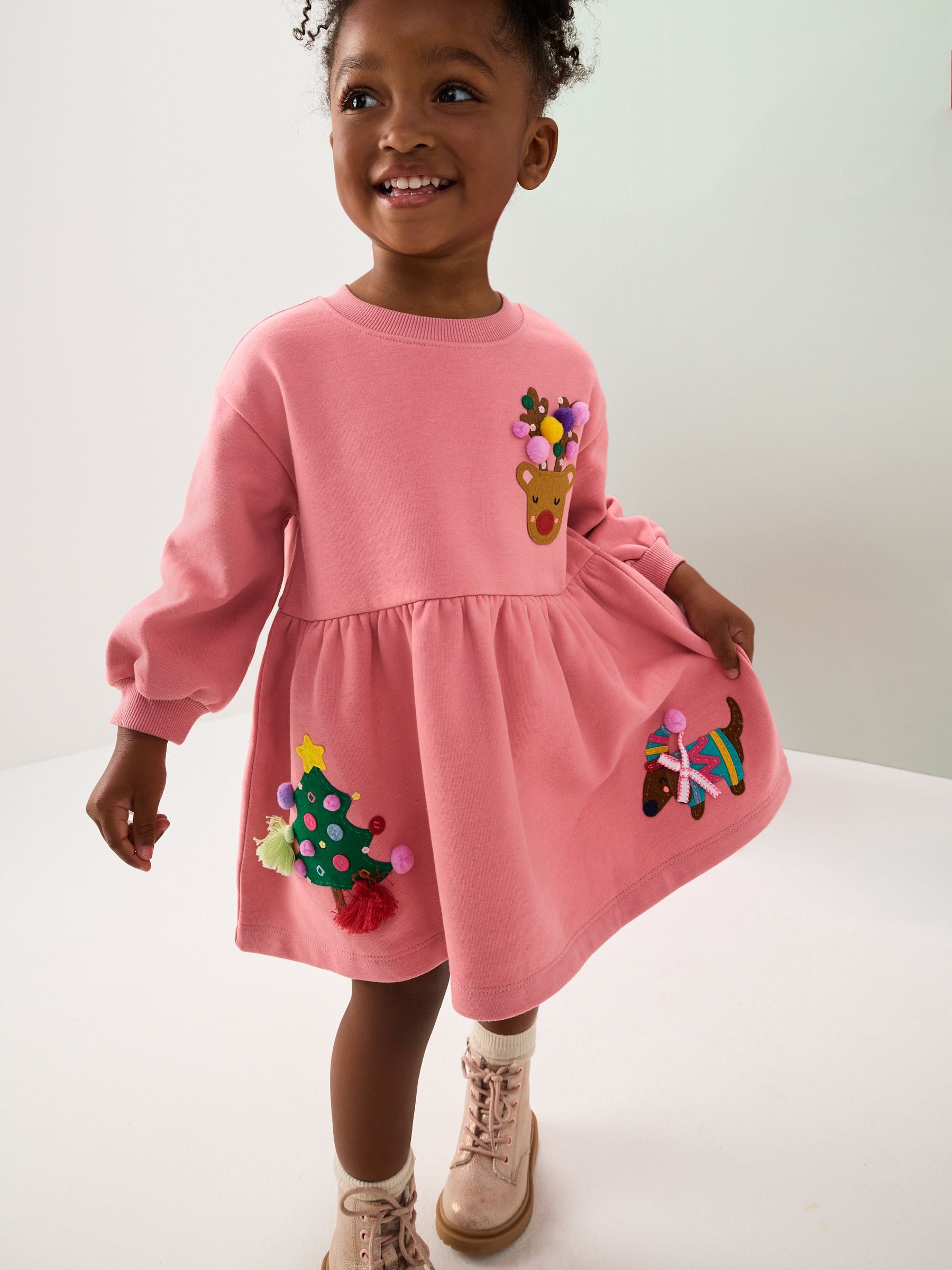 Roze Kerstmis - Sweatjurk met versiering (3mnd-7jr)