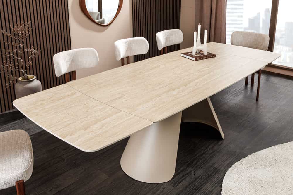 Ausziehbarer Esstisch VOGUE 160-240cm beige Keramik Travertin Metall champagner greige