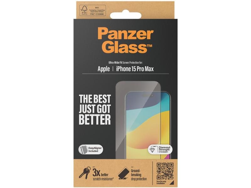Panzerglass Displayschutz Ultra Wide Fit iPhone 15 Pro Max Display-Schutzfolie mit Applicator für das Apple iPhone 15 Pro Max