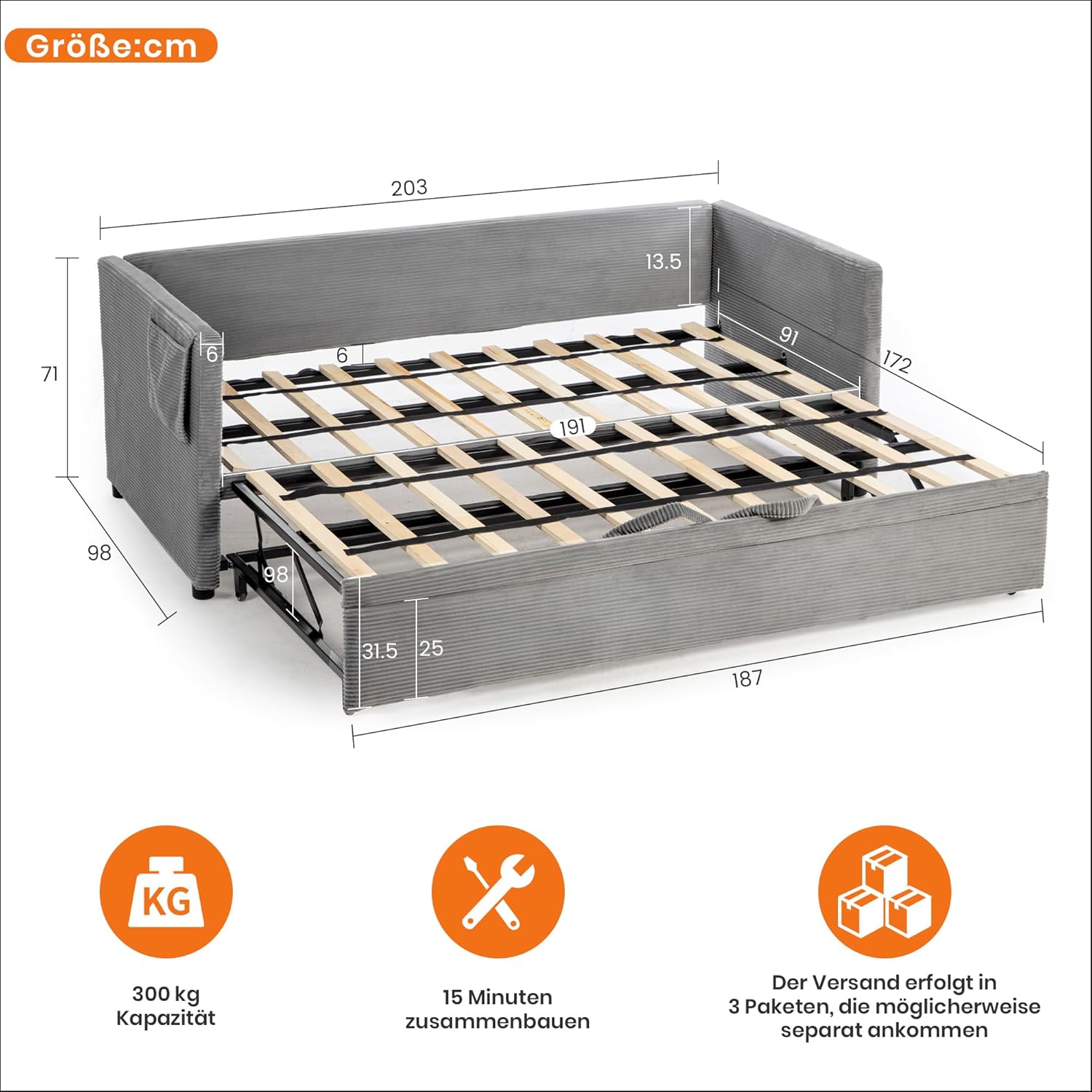 Schlafsofa, 2-Sitzer Sofa mit Schlaffunktion, Couch mit Kissen, für Wohnzimmer, Gästezimmer, Grau